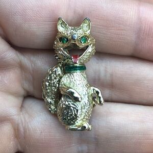 Vtg GERRY Brand Fox Brooch Gold Tone With Green Rhinestone Eyes, Granny Pin